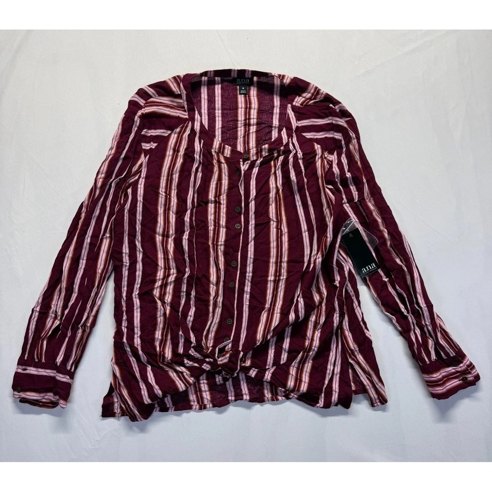 A.N.A‎ Blouse Top Womens Medium Maroon Multi Striped Front Tie Hem Button Front
